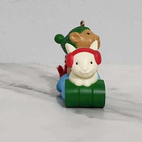3/$25 1984 Avon Bunny & Squirrel Sledding Christmas Ornament - Picture 2 of 7